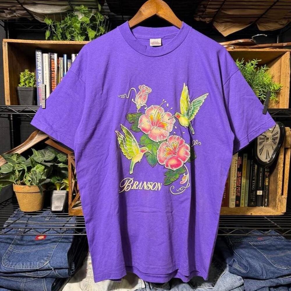 Vintage 90s Single Stitch Branson Missouri Flowers and Birds Tee Shirt Purple